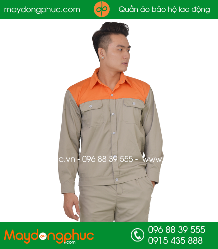 Quần áo công nhân may sẵn màu Ghi phối Cam